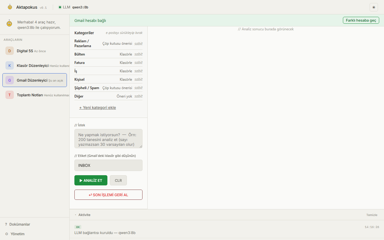 Gmail Düzenleyici — kategori paneli ve e-posta analiz formu